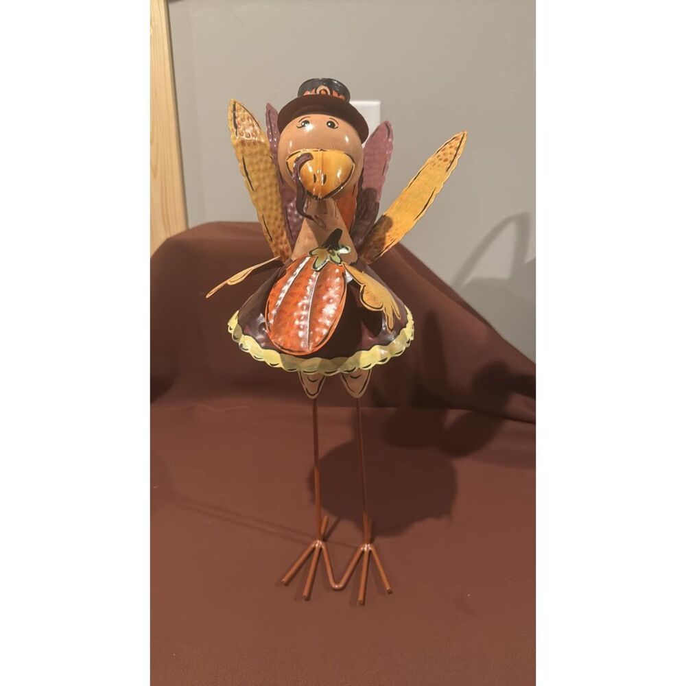 Metal Standing Sculpture Turkey Pilgrim Fall Thanksgiving Around 18' Tall